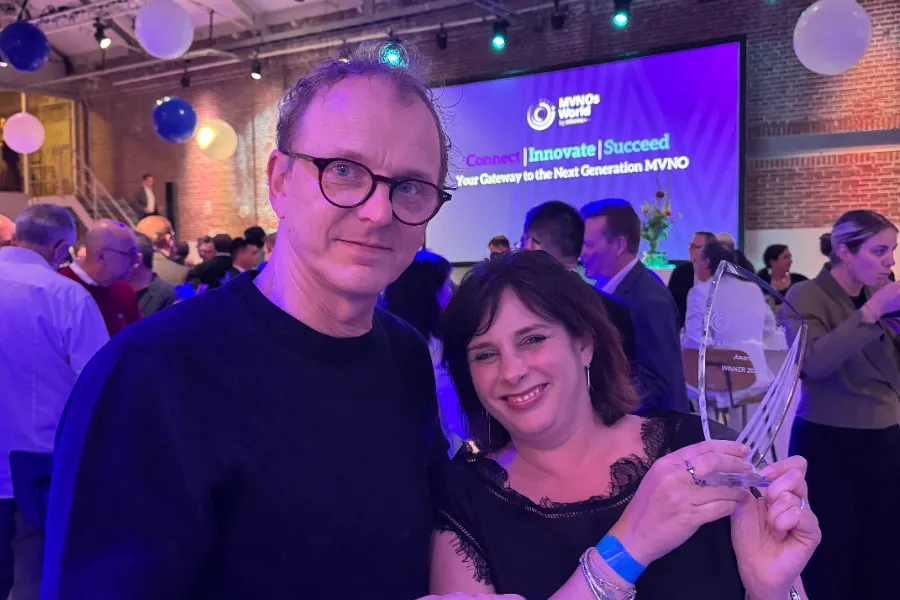 Tanya Hyams-Young and colleague with the AI & Analytics Excellence Award at MVNO Worlds 2026